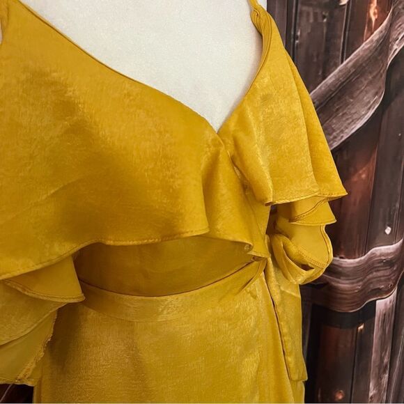 Lulus Moriah Mustard Yellow Satin Wrap Maxi Dress NWT Skinny Straps SZ Small - Picture 6 of 9